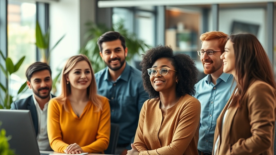 Diverse employees in a vibrant office discuss workplace inclusivity and collaboration.