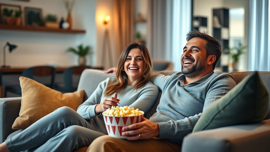 Cheerful couple enjoying top streaming platforms in a cozy living room, relaxed with popcorn.
