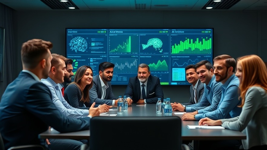 Diverse professionals sharing business insights in a modern boardroom with AI tools.