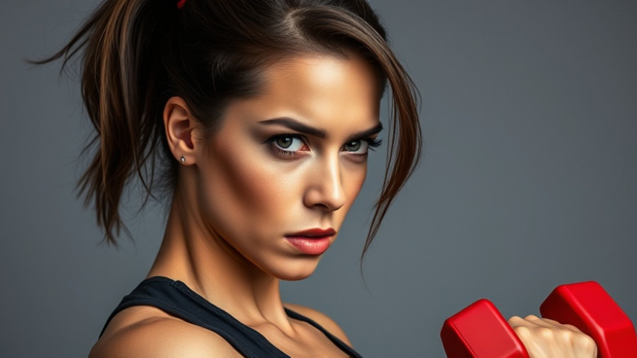 Focused athletic woman lifting a red dumbbell, illustrating protein timing for muscle growth.