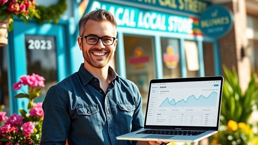 Smiling business owner showcasing local SEO strategies with website analytics.