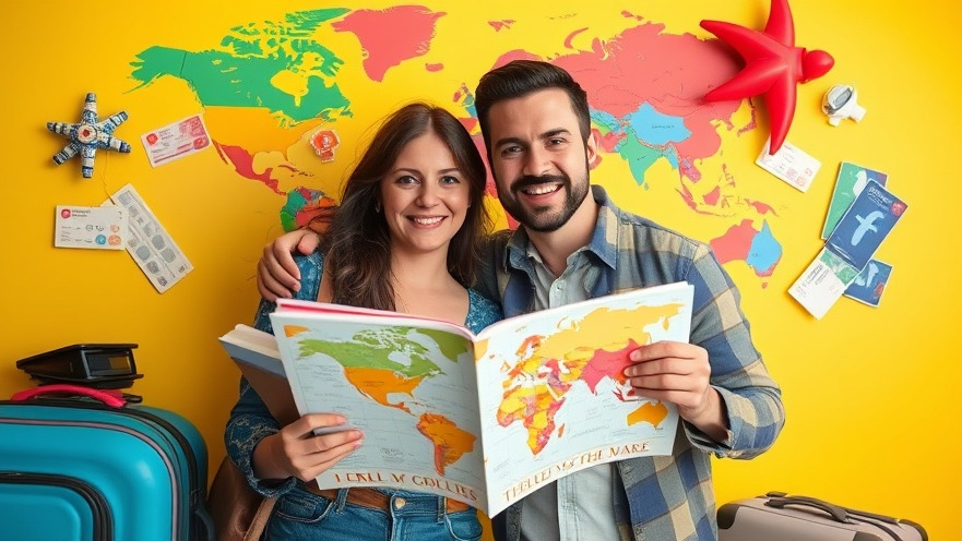 Joyful couple with travel guides and a map sharing expert travel tips for budget travel strategies.