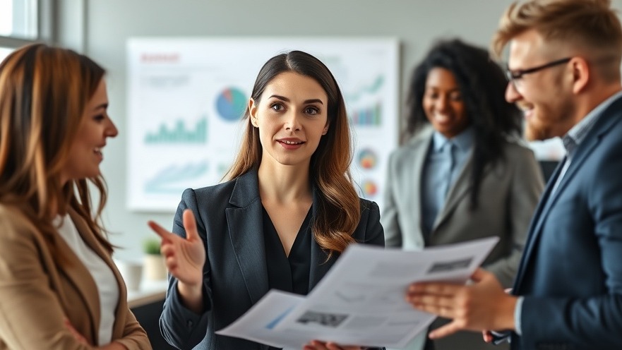 Professional woman presents data on collaborative communication tools in a modern office.