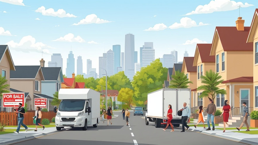Diverse people in a suburban street scene, with housing costs reflected in 'For Sale' signs.
