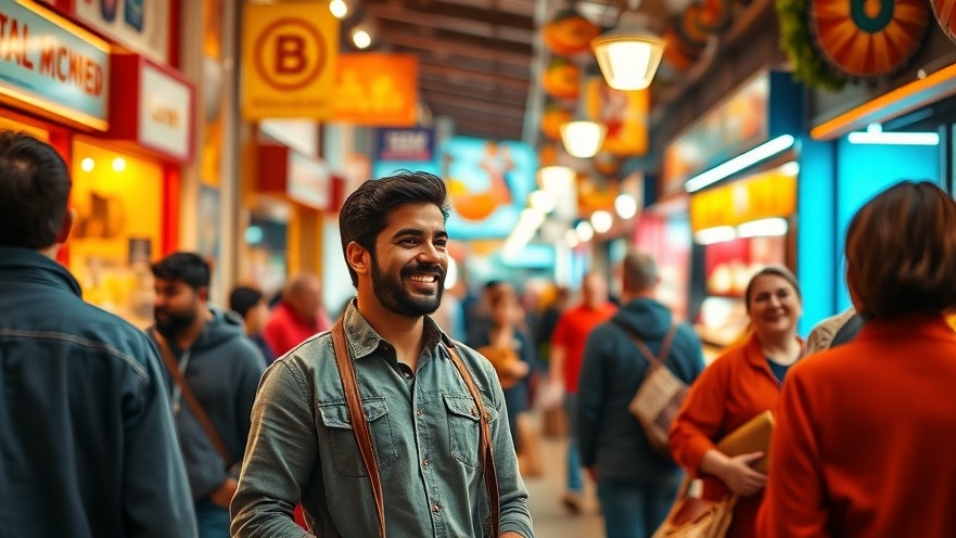 A small business owner showcases local SEO strategies, engaging customers in a vibrant market.