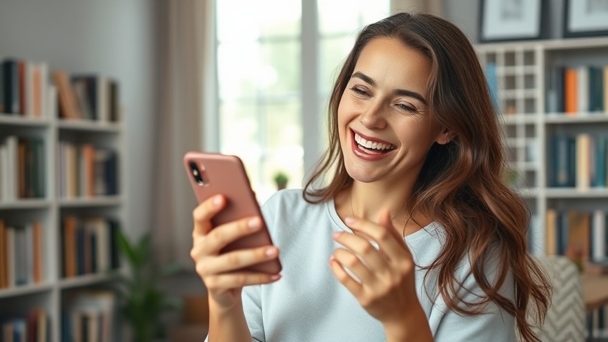 Young woman enjoying mindful spending amidst digital clutter in a cozy home.
