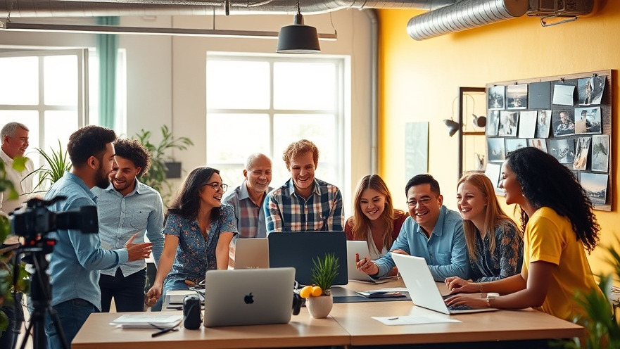 A diverse team in a vibrant workspace collaborating on personalized video content for local business marketing.