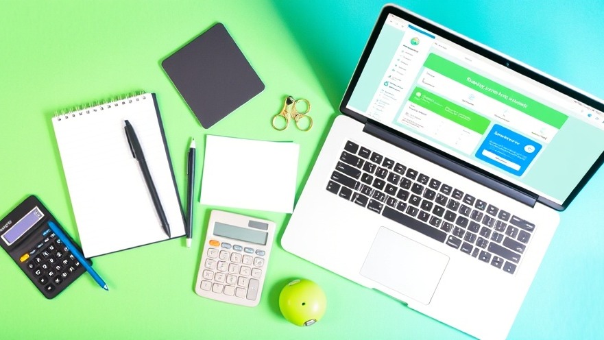 Budgeting tools for financial wellness: notebook and app flat lay.