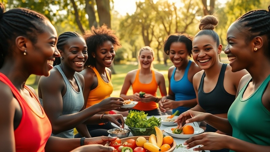 Diverse athletes sharing a vibrant, wholesome meal, showcasing intuitive eating in nature.