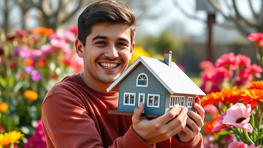 Joyful young man embracing a miniature house, celebrating mortgage-free living.