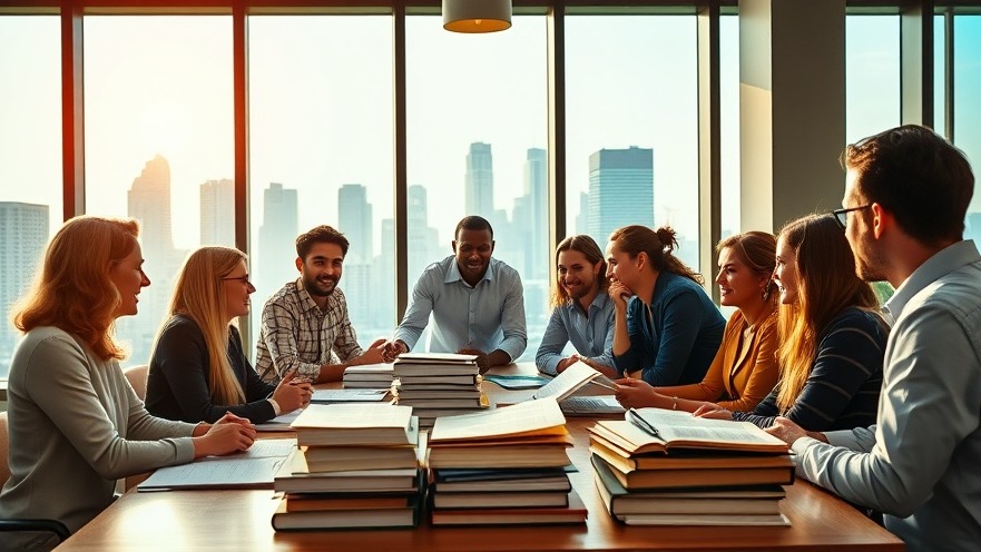 Diverse group discussing wealth building strategies with financial books and city skyline.