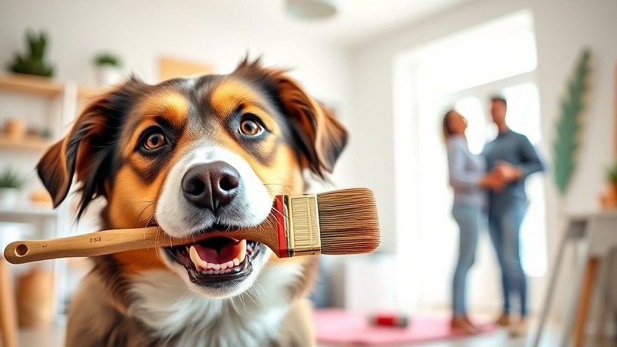 Playful dog with paintbrush and couple using paint estimation tips in a bright home.