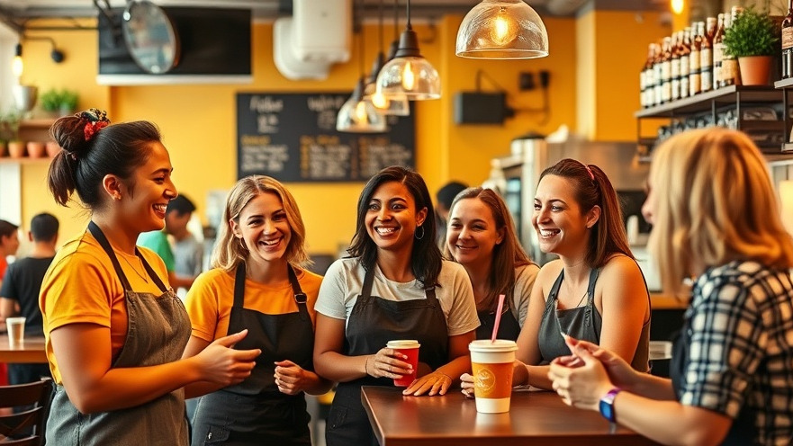 Smiling employees at a cafe promote workplace culture and employee engagement.
