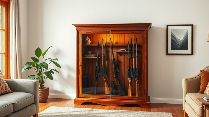 Elegant wooden gun cabinet enhancing firearm safety solutions in a cozy living room.