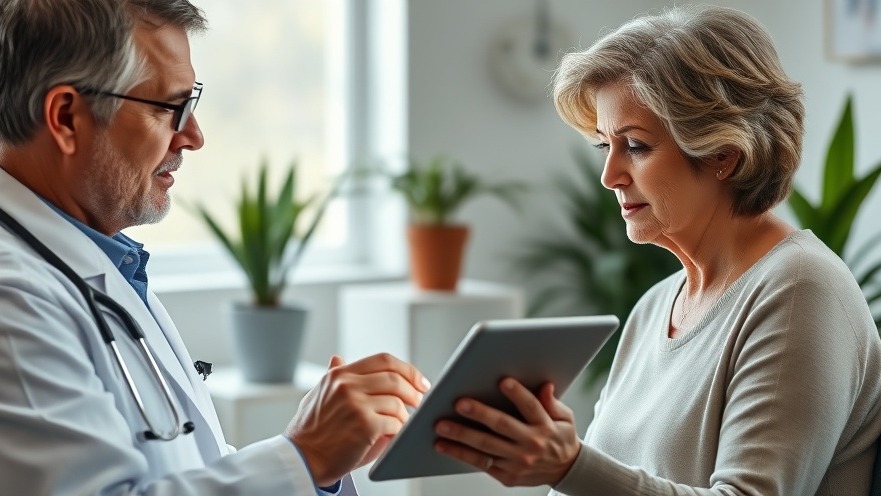 Young doctor discussing diagnostic errors with senior woman using a tablet in a softly lit office.