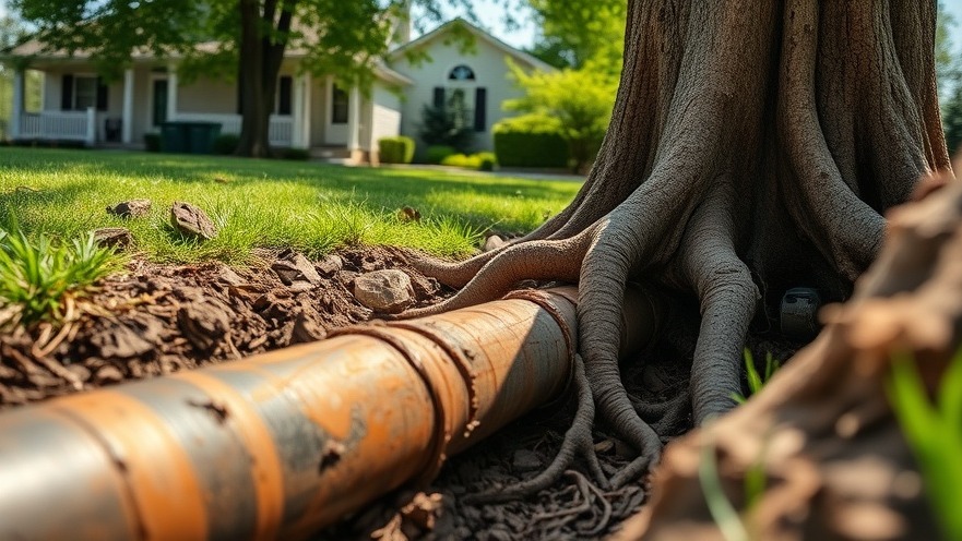 Trenchless technology for plumbing repairs shown with a detailed underground pipe and roots.