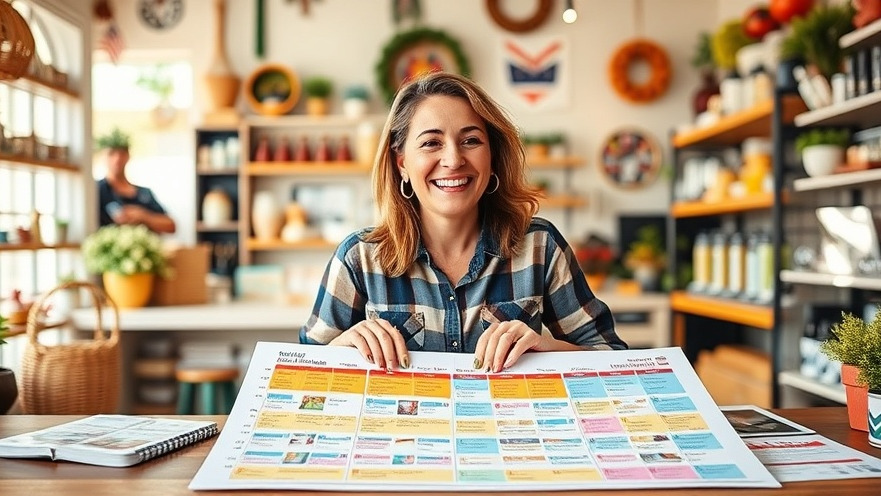 Local business owner joyfully planning content with a colorful calendar for effective marketing.