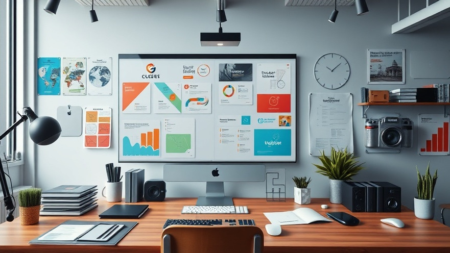 Digital brand identity board showcasing logo design and color palette in a modern workspace.