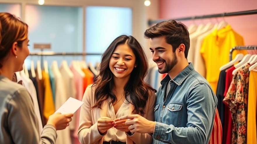 Happy couple at a sustainable fashion trade-in event, exchanging clothes joyfully.