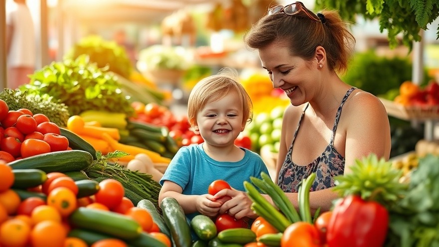 Parent and child at a Maryland farmers market selecting fresh vegetables for picky eaters.