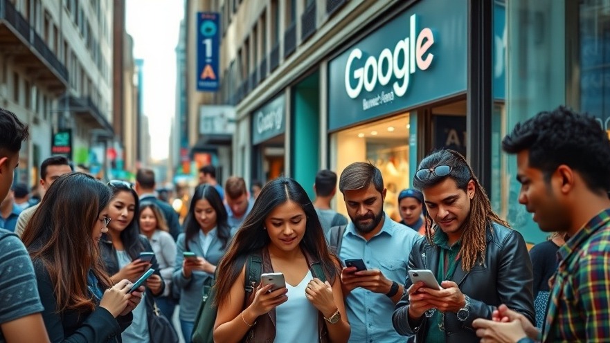Diverse group on a city street, engaging with smartphones and Google Business Profile for local SEO.