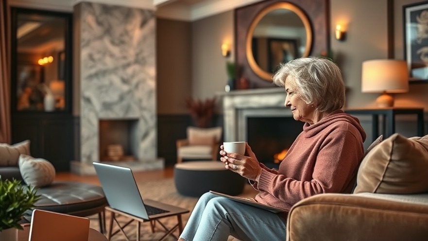 Cozy living room showcasing senior home safety with older woman enjoying coffee.