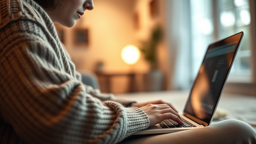 Person in cozy sweater engaging with audience insights on laptop, warm indoor setting.