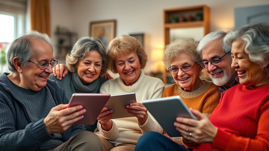 Seniors combating loneliness through digital health solutions during a joyful video call.