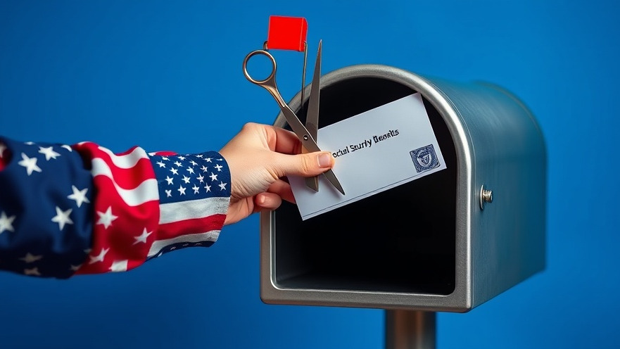 Whimsical hand in American flag sleeve cuts Social Security benefits, symbolizing financial planning.