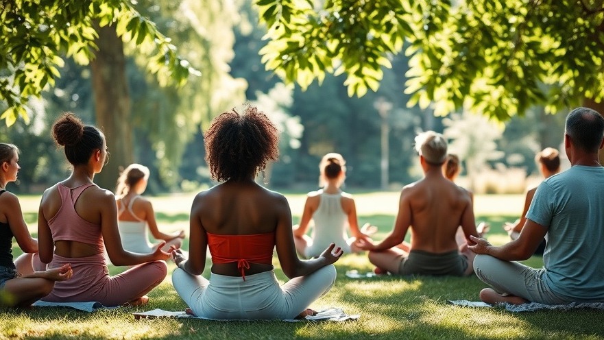 Diverse group practicing mindfulness in nature, embracing self-compassion and overcoming body shame.
