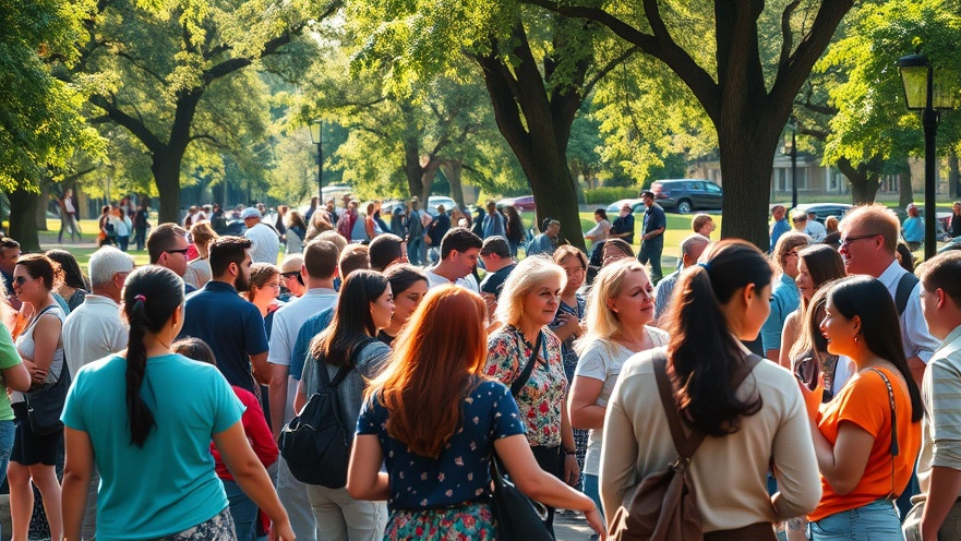 Vibrant community gathering in a local park showcasing social media engagement and business branding.