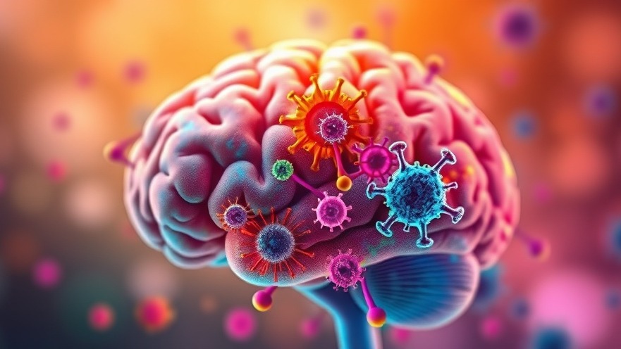 Vibrant abstract design of a brain and immune cells highlighting stress impact on immunity.