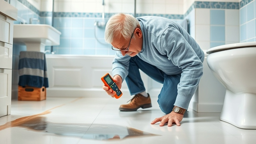 Elderly man inspecting bathroom floor for water damage in a modern Maryland home.