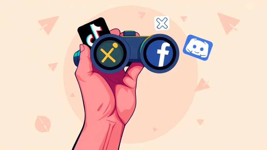 A hand with binoculars examining social media trends and logos in vibrant colors.