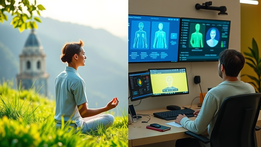 Mindfulness meditation and tech health careers blend in a serene outdoor setting.