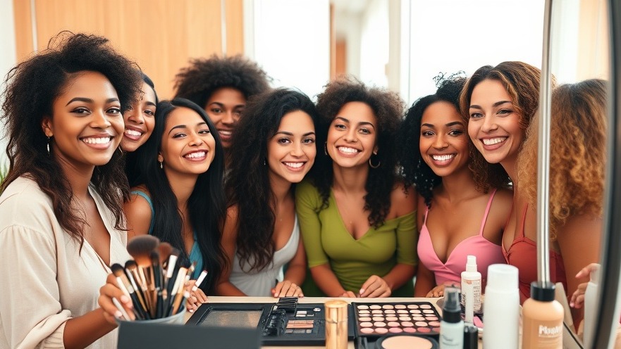 Friends enjoying beauty preparations with vibrant colors and skincare products before an event.