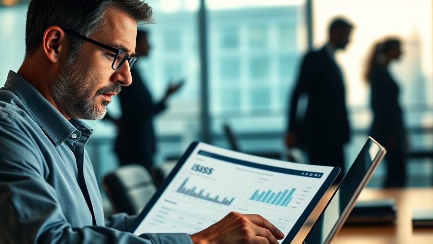 Concerned business owner analyzing financial reports, highlighting cybersecurity risks.