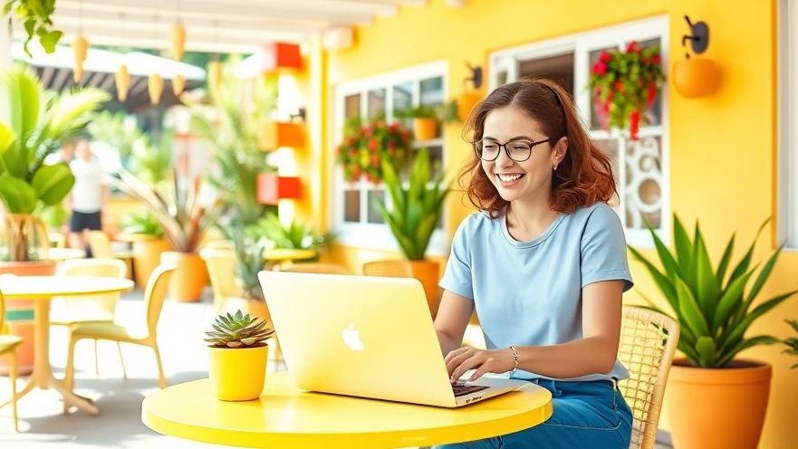 Young woman enjoying remote work opportunities at a vibrant outdoor café.