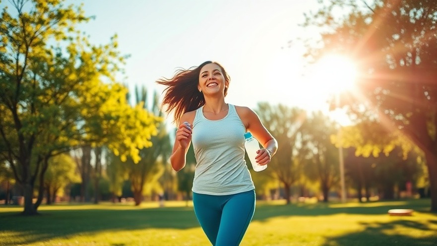 Female athlete enjoying energy management with a healthy snack while running in a sunlit park.