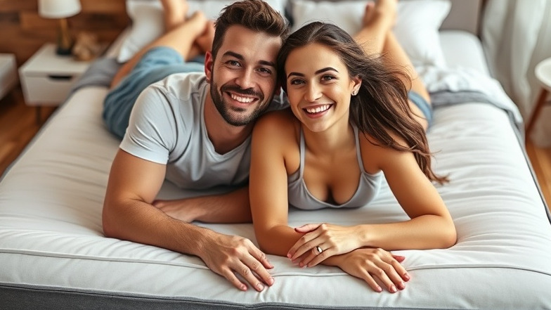 Happy couple lying on a mattress, enjoying sleep quality and pressure relief in a cozy bedroom.