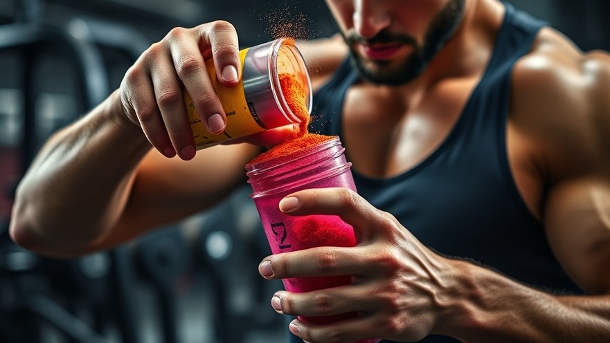 Dynamic athlete pouring colorful sports nutrition powder into a shaker bottle.