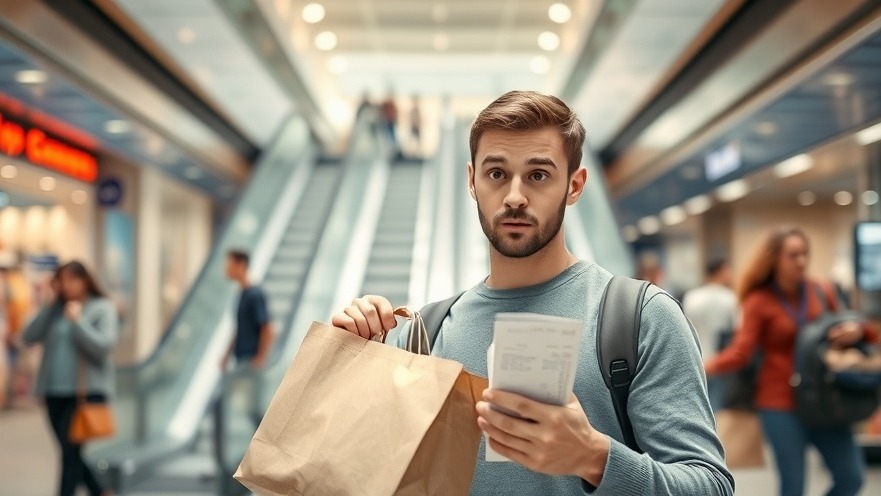 Young man inspects grocery receipt, showcasing grocery budget tips in a busy mall.