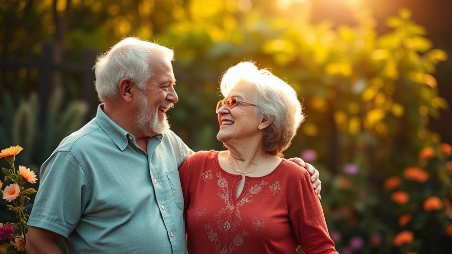 Older couple in a sunlit garden embracing Healthy Living and Aging Happiness.