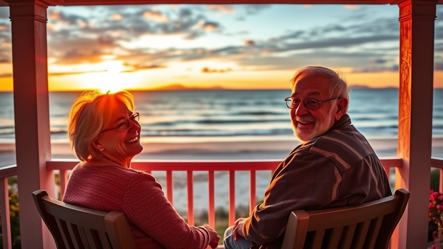 Elderly couple enjoying financial planning for retirement, smiling on porch at sunset.
