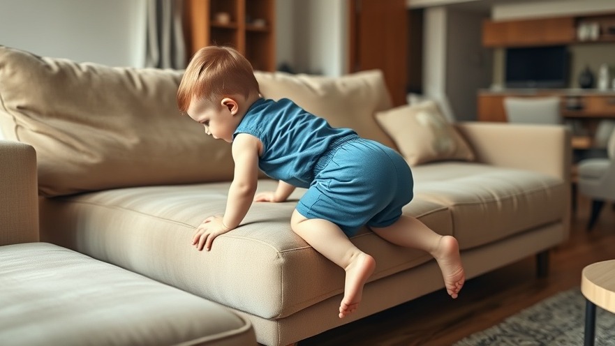 Child safety in modern living room: toddler climbing beige sofa, promoting secure living spaces.