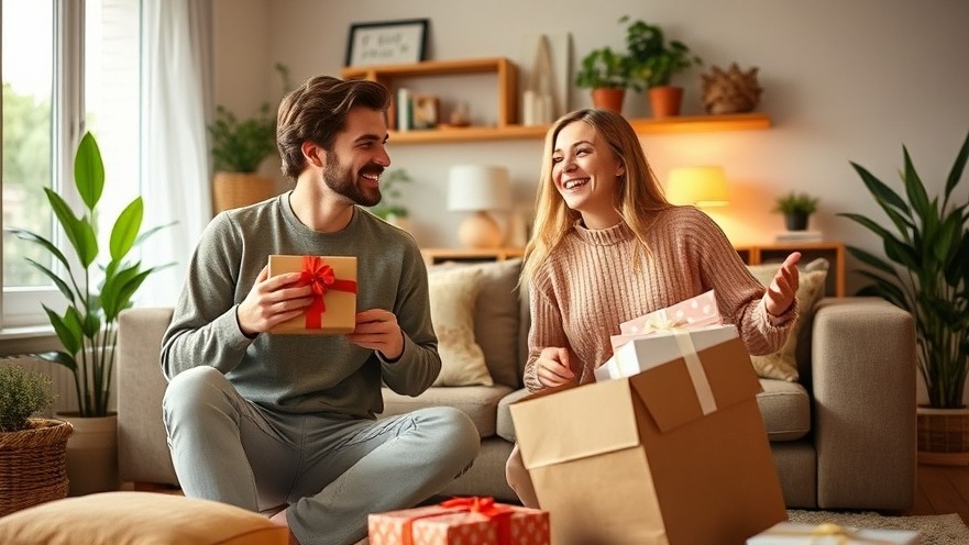A young couple joyfully unpacks personalized housewarming presents in their cozy living room.