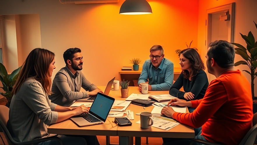 Local business owners brainstorming effective digital marketing strategies with vibrant materials.