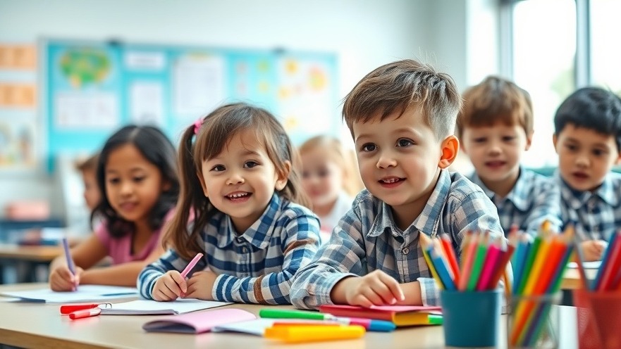 Engaged kids in a bright classroom learning about developmental nutrition through interactive activities.