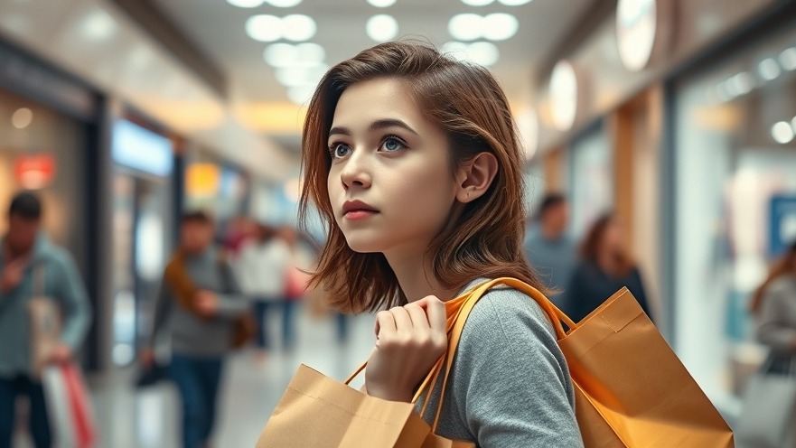 Young shopper contemplating emotional spending inside a vibrant mall.