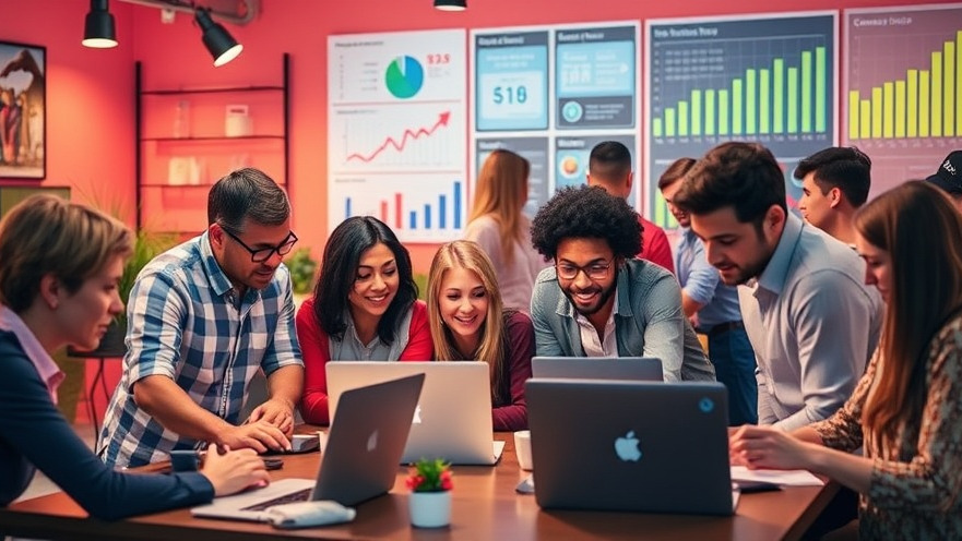 A diverse group collaborating on creative lead generation strategies with digital tools.